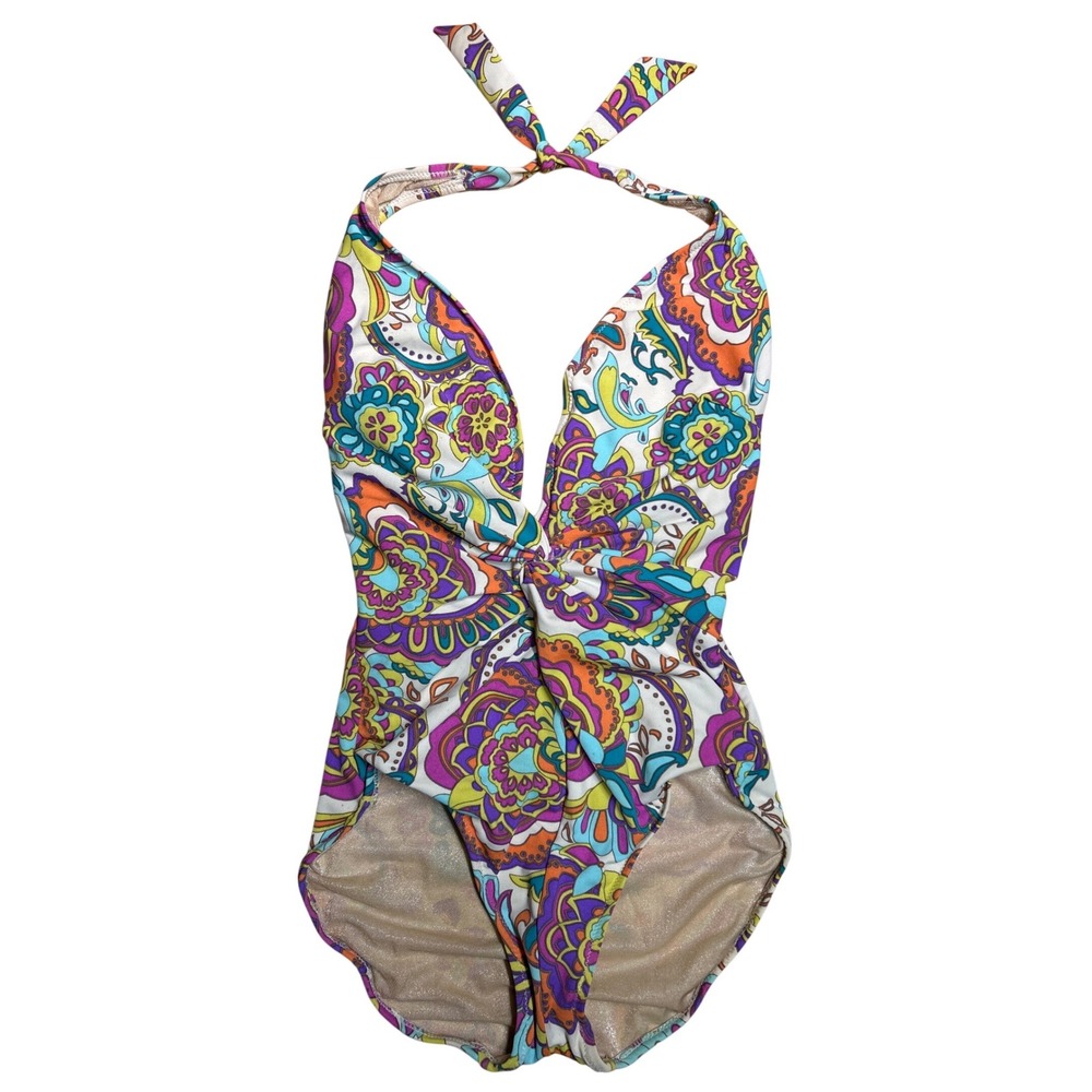 Gottex Deep Plunge‎ Halter Knot Front One Piece Purple Yellow Paisley Size 8